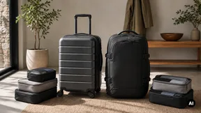 Mala de cabine e mochila de viagem genéricas lado a lado com organizadores.