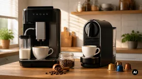 Bancada com duas máquinas de café genéricas, chávenas, café em grão e cápsulas.