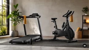 Passadeira e bicicleta estática genéricas lado a lado num espaço doméstico de treino.