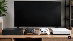 Sala gaming com duas consolas genéricas, comandos e televisão.