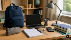 Secretária de estudo com mochila, caderno, candeeiro e tecnologia genérica.