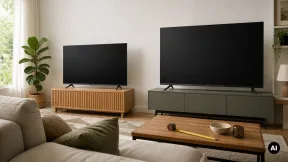 Sala com duas televisões genéricas de tamanhos diferentes e móvel de TV.